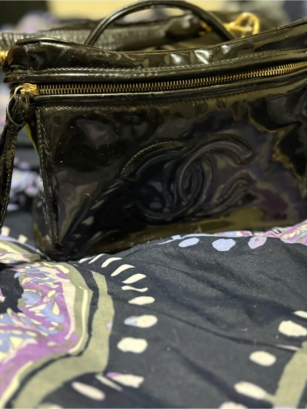 Authentic CHANEL Black Patent Leather Vanity Case with Interlocking CC
